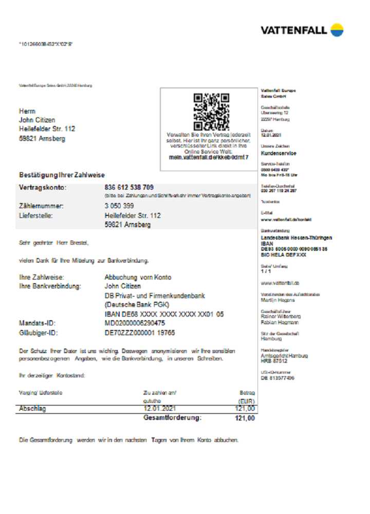 Germany VATTENFALL utility bill